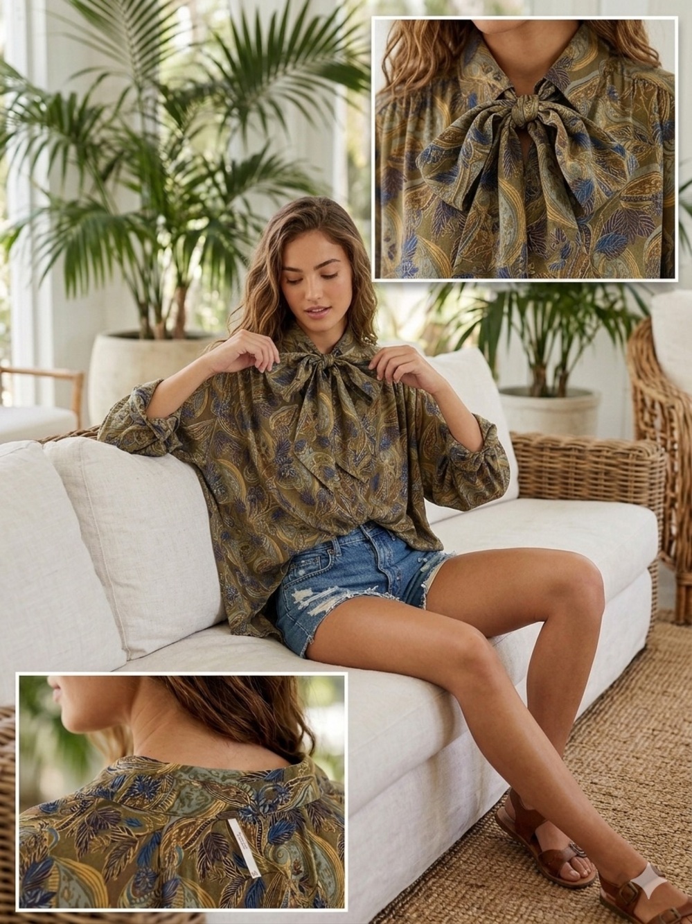 Free People Women Medium Olive Paisley Tie Neck Bow Blouse Tunic Top